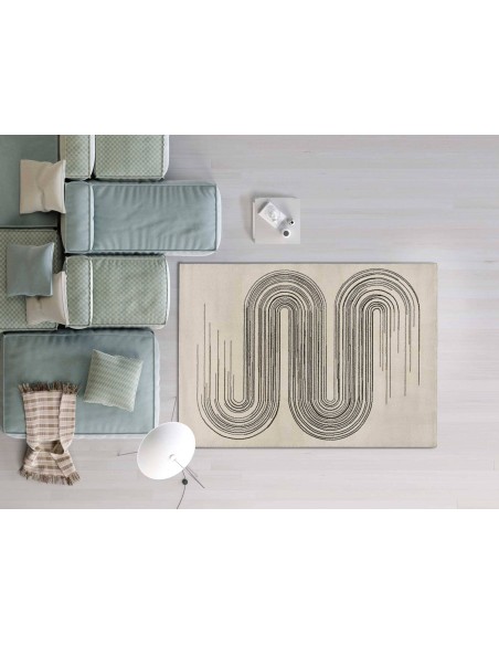 alfombra-geométrica-moderna-estilo Bauhaus-salón-elegante-tonos neutros